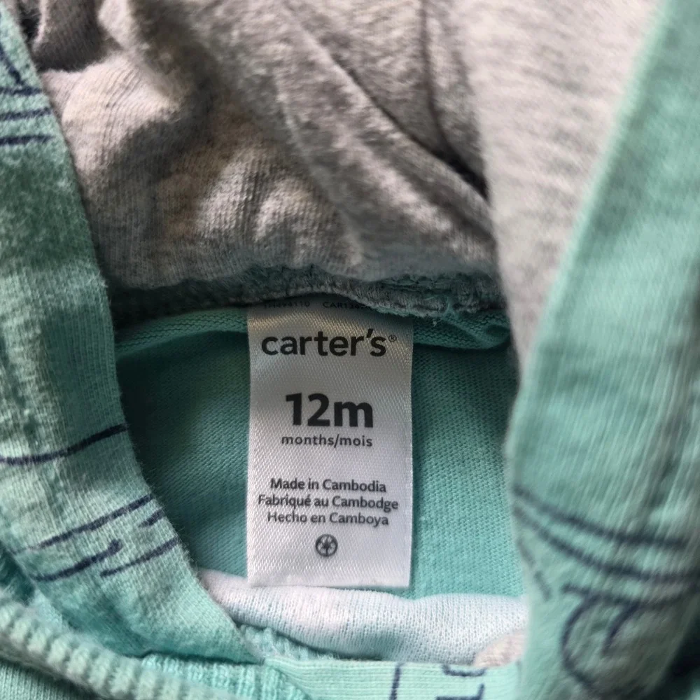 Carters Baby Boy Hippo Print Hooded Romper Teal Blue 12 Months Short Sleeve